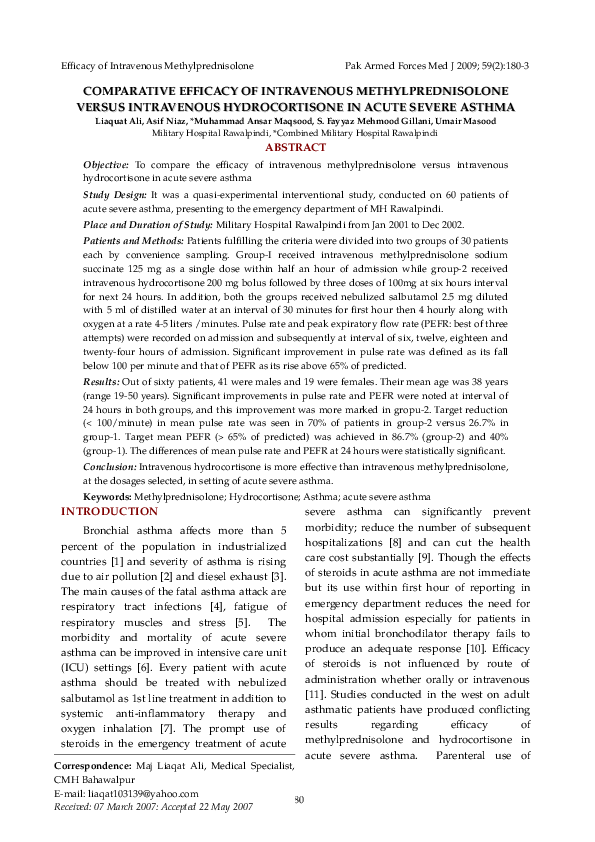 (PDF) Efficacy of Intravenous Methylprednisolone Pak Armed Forces Med J ...