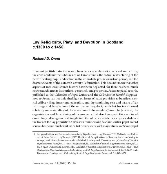 Lay Religiosity , Piety , and Devotion in Scotland