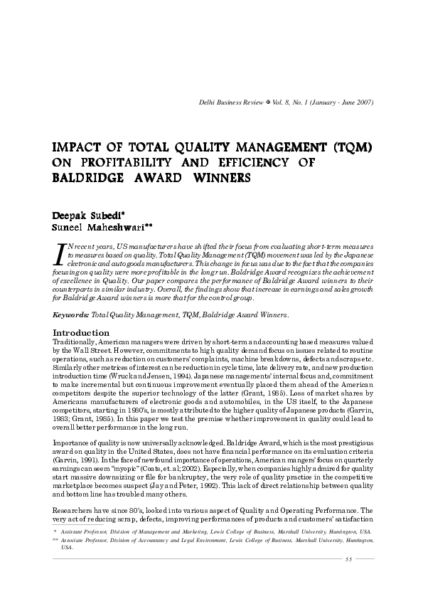 (PDF) Impact of Total Quality Management (TQM) on Profitability and ...