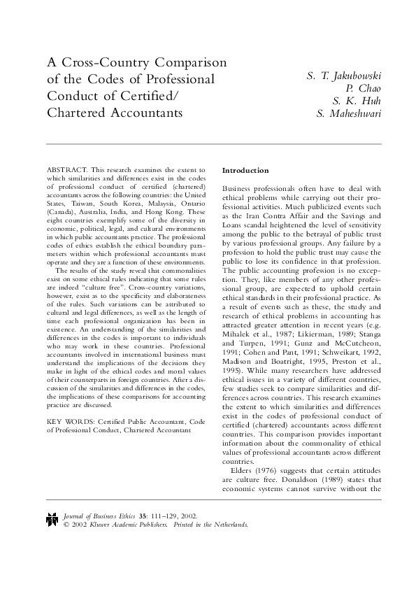 (PDF) A crosscountry comparison of the codes of professional conduct