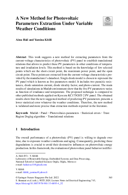 (PDF) A New Method for Photovoltaic Parameters Extraction Under ...