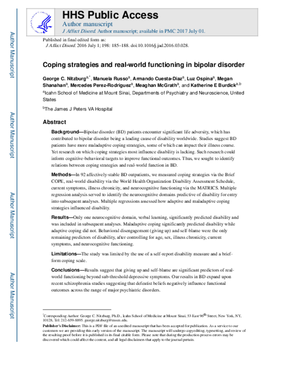 Photo inspiration: Picture Idea: Pdf Coping Strategies And Real World Functioning In Bipolar Disorder