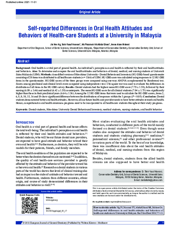 (PDF) Self-reported differences in oral health attitudes and behaviors ...