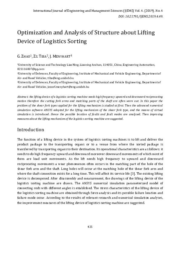 (PDF) Optimization and Analysis of Structure about Lifting Device of ...