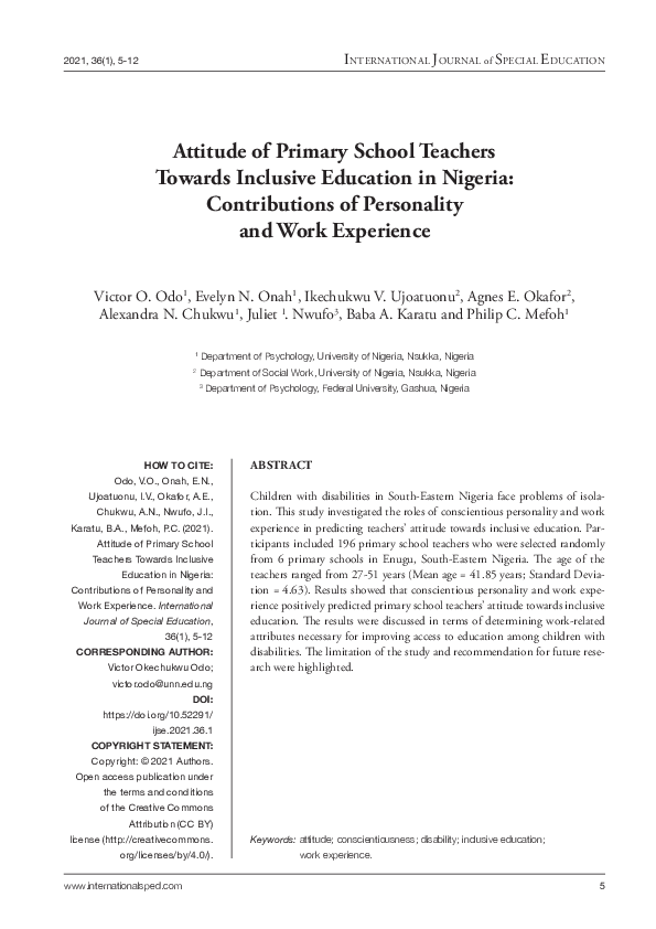 (PDF) Attitude of Primary School Teachers Towards Inclusive Education ...