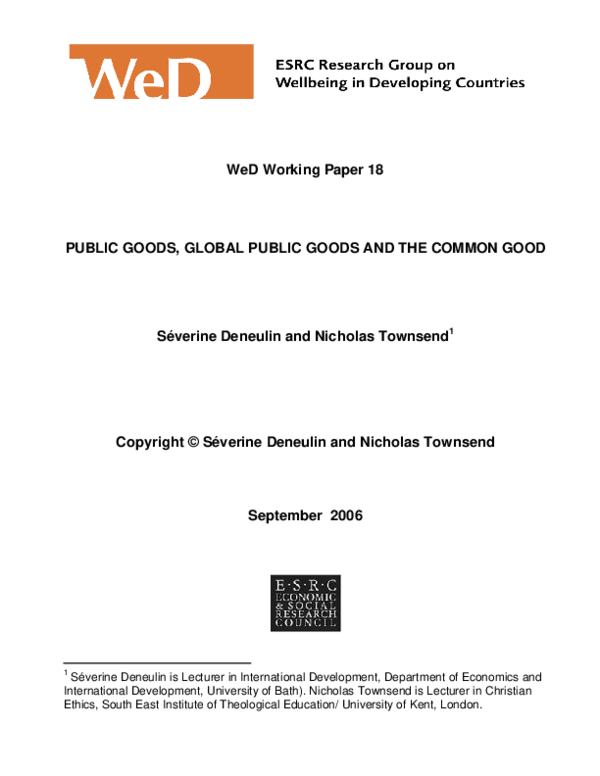(PDF) Public Goods, Global Public Goods and the Common Good