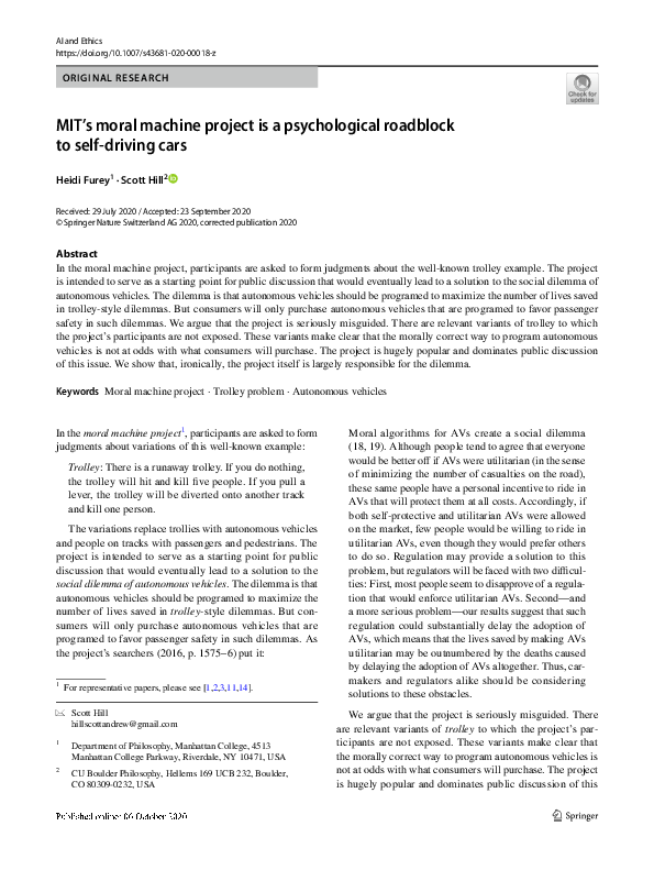 (PDF) MIT’s moral machine project is a psychological roadblock to self ...