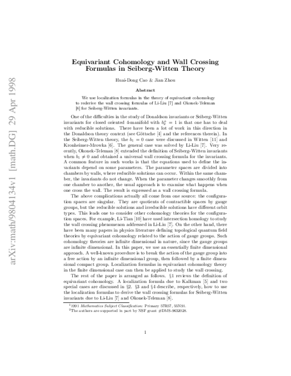 (PDF) Equivariant Cohomology and Wall Crossing Formulas in Seiberg