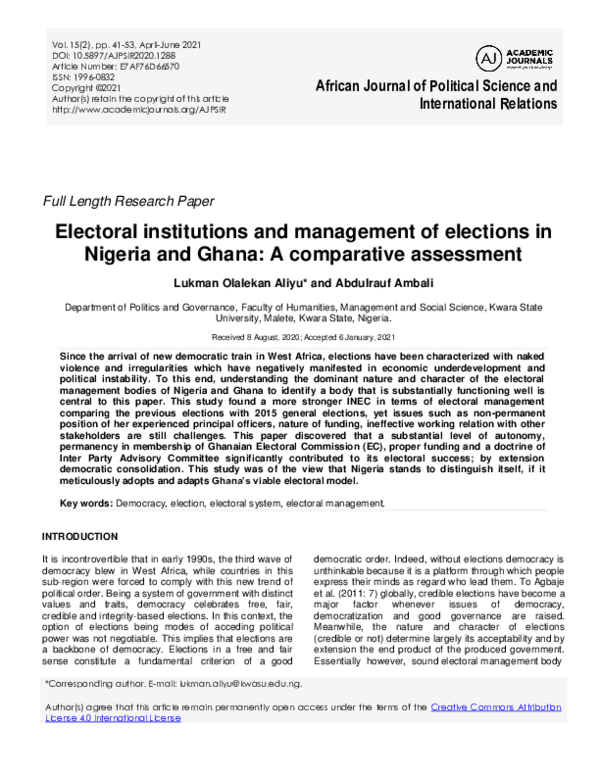(PDF) Electoral institutions and management of elections in Nigeria and ...