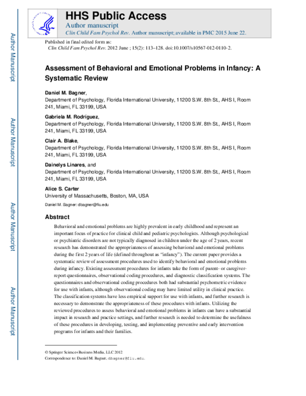 (PDF) Assessment of Behavioral and Emotional Problems in Infancy: A ...