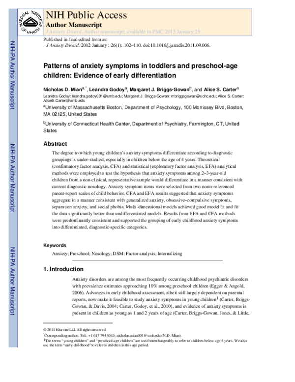 (PDF) Patterns of Anxiety Symptoms in Toddlers and Preschool-Age ...