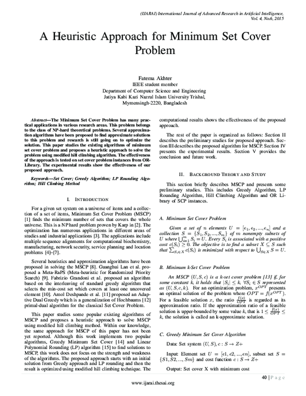(PDF) Abstract—The Minimum Set Cover Problem has many prac