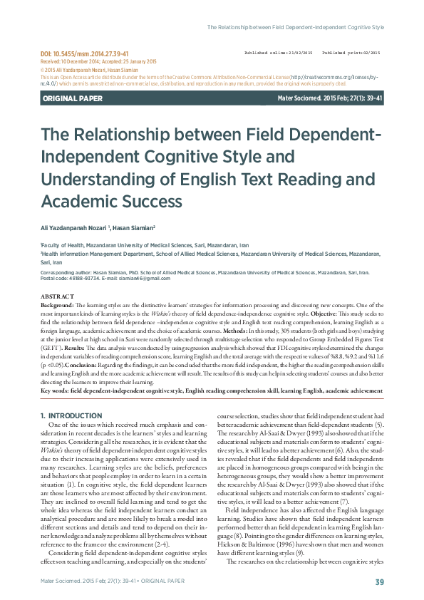 (PDF) The Relationship between Field Dependent-Independent Cognitive ...