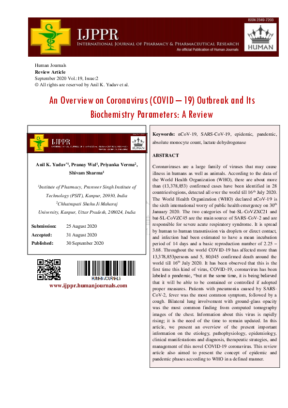 (PDF) An Overview on Coronavirus (COVID – 19) Outbreak and Its ...