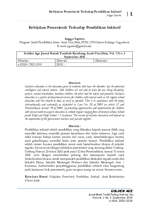 Pdf Kebijakan Pemerintah Terhadap Pendidikan Inklusif