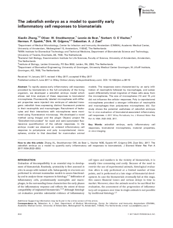 (PDF) The zebrafish embryo as a model to quantify early inflammatory ...