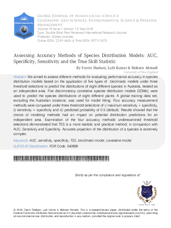 (PDF) Assessing Accuracy Methods of Species Distribution Models : AUC ...