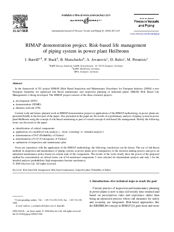 (PDF) RIMAP demonstration project. Risk-based life management of piping ...