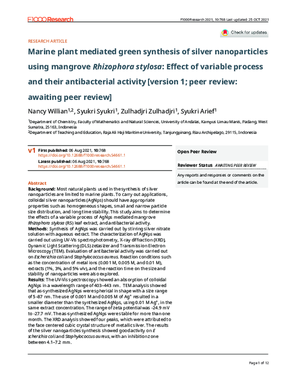 (PDF) Marine plant mediated green synthesis of silver nanoparticles ...