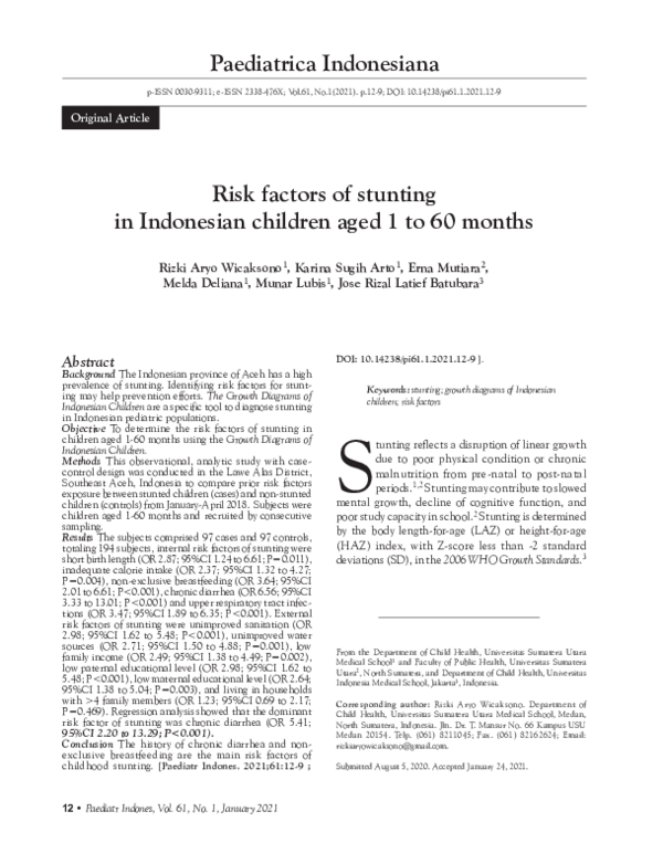 (PDF) Risk factors of stunting in Indonesian children aged 1 to 60 months