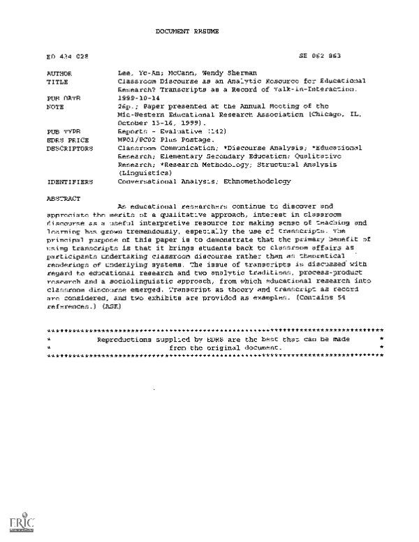 (PDF) Classroom Discourse as an Analytic Resource for Educational ...