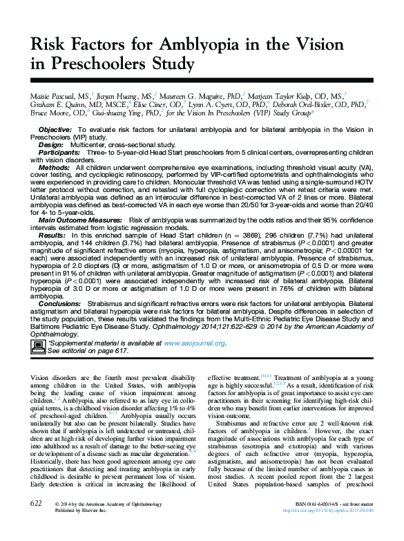 (PDF) Risk Factors for Amblyopia in the Vision in Preschoolers (VIP) Study