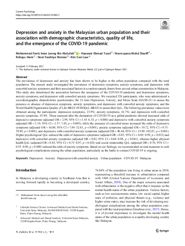 (PDF) Depression and anxiety in the Malaysian urban population and ...