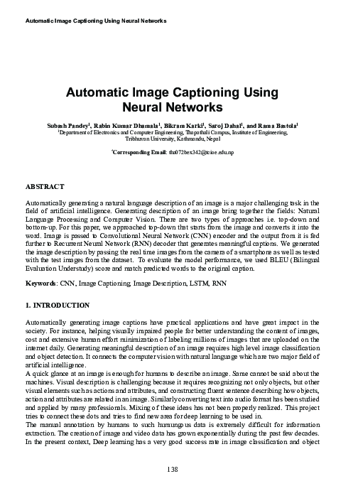 (PDF) Automatic Image Captioning Using Neural Networks