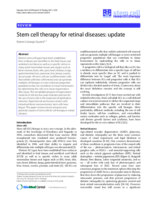 (PDF) Stem cell therapy for retinal diseases: update
