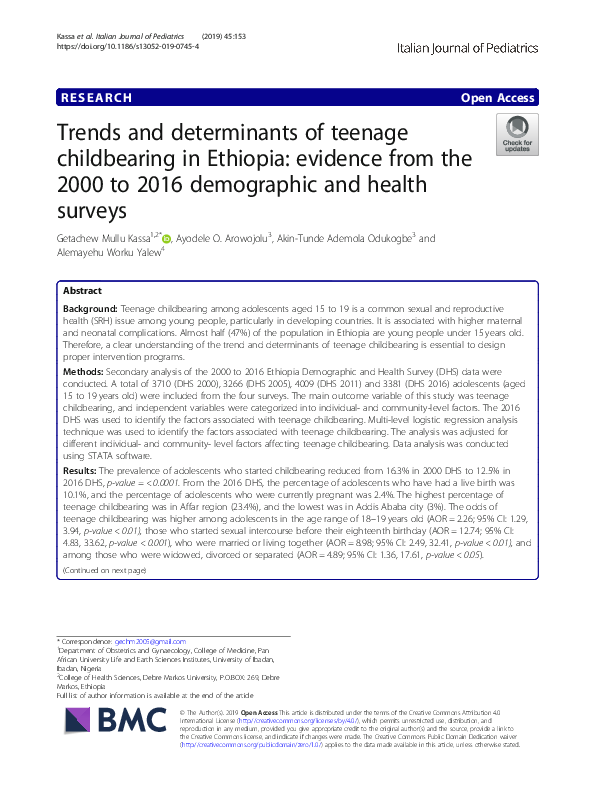 (PDF) Trends and determinants of teenage childbearing in Ethiopia ...