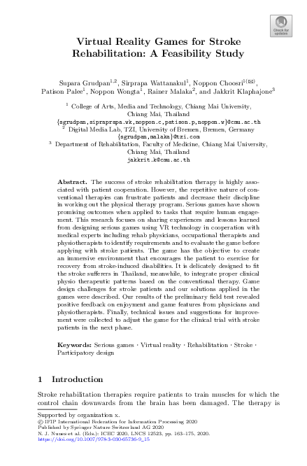 (PDF) Virtual Reality Games for Stroke Rehabilitation: A Feasibility Study
