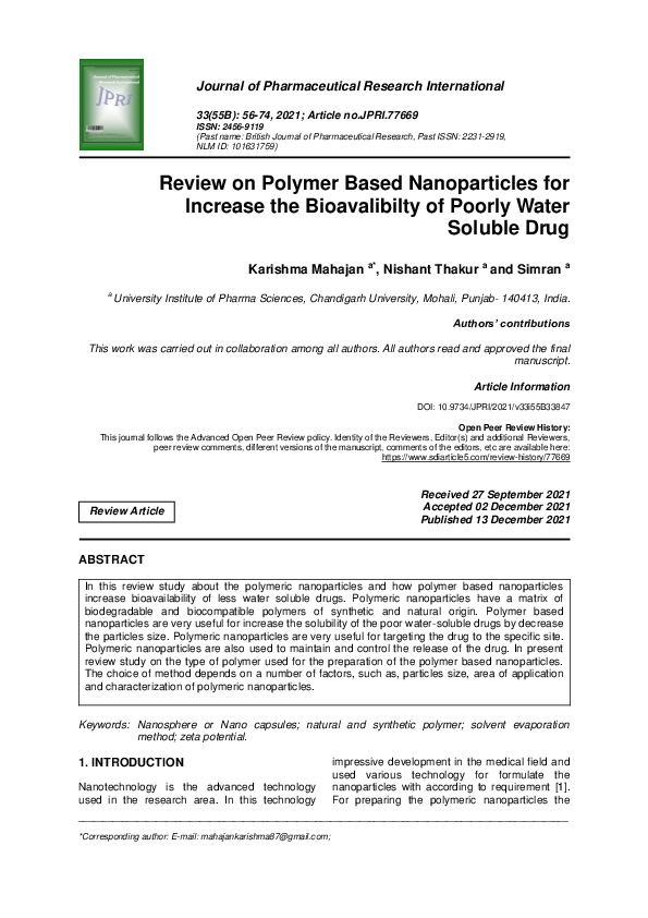 (PDF) Review on Polymer Based Nanoparticles for Increase the ...