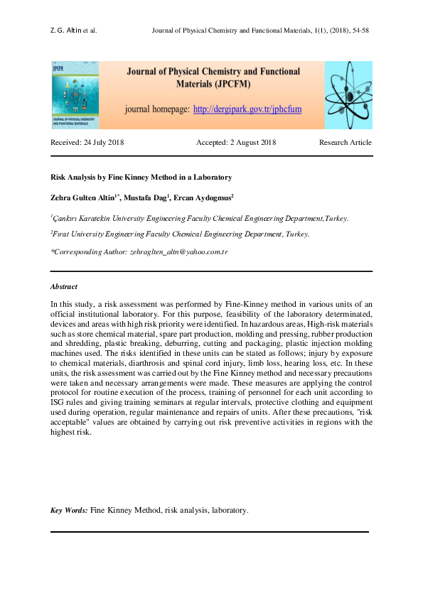 (PDF) Risk Analysis by Fine Kinney Method in a Laboratory Zehra