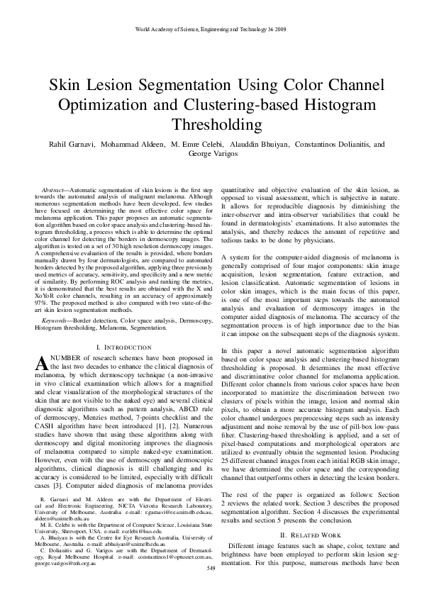 (PDF) Skin Lesion Segmentation Using Color Channel Optimization and ...