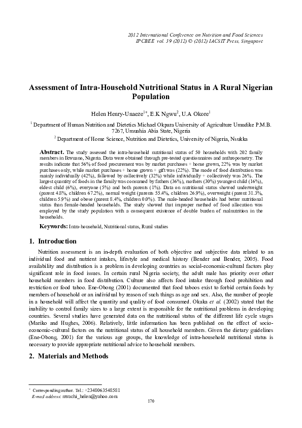 (PDF) Assessment of Intra-Household Nutritional Status in A Rural ...