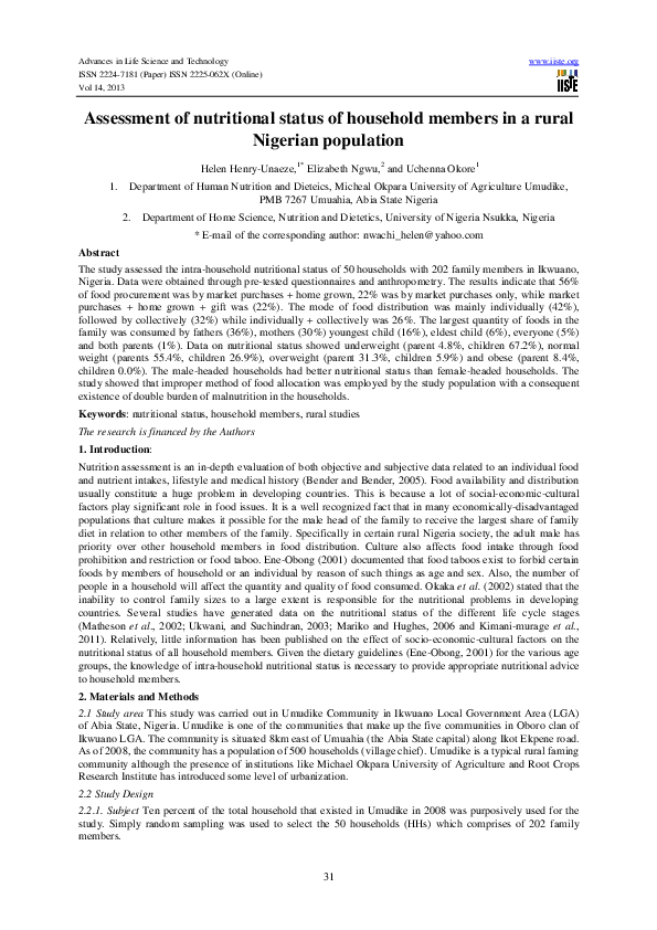 (PDF) Assessment of nutritional status of household members in a rural ...