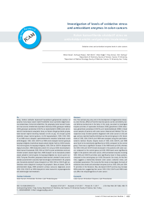(PDF) Investigation of levels oxidative stress and antioxidant enzymes ...