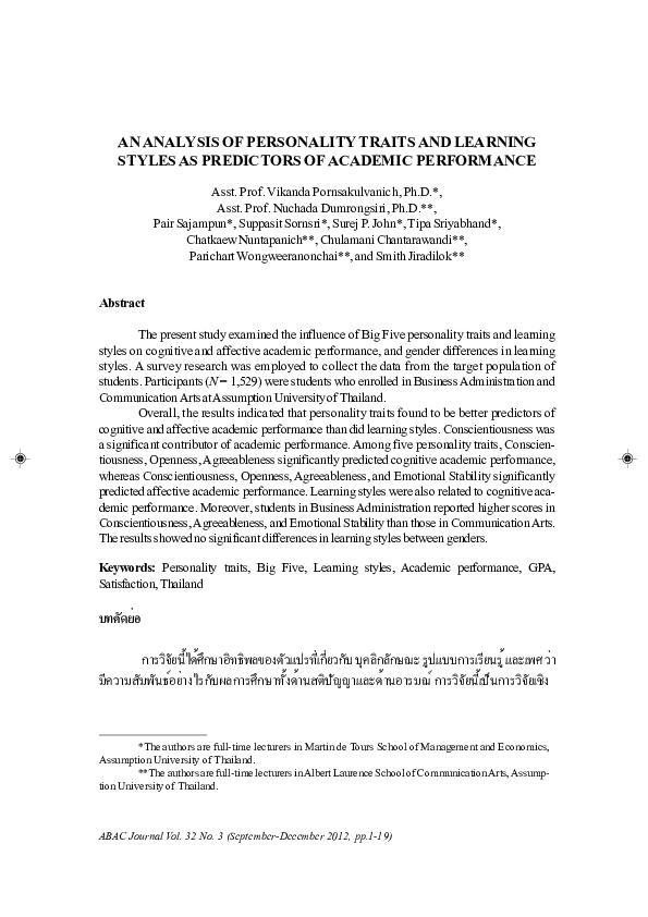 (PDF) An Analysis of Personality Traits and Learning Styles as ...