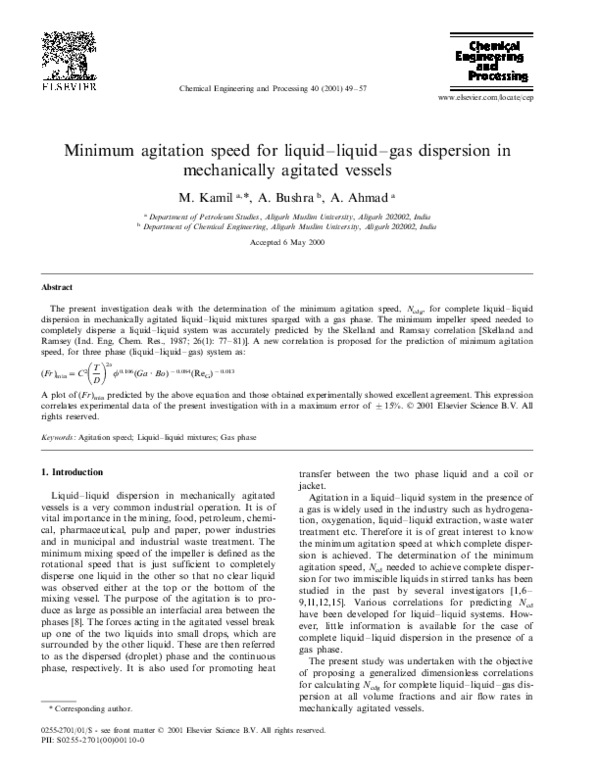 (PDF) Minimum agitation speed for liquidliquidgas dispersion in