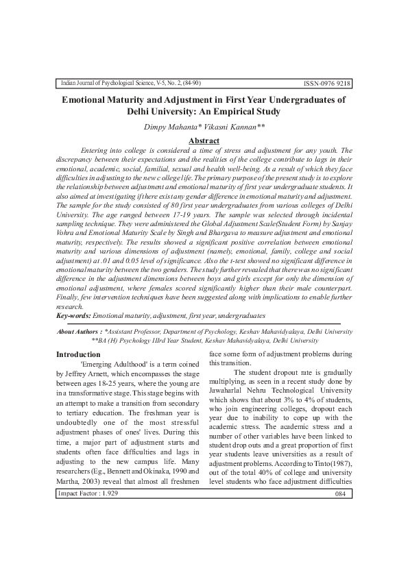 (PDF) Emotional Maturity and Adjustment in First Year Undergraduates of ...