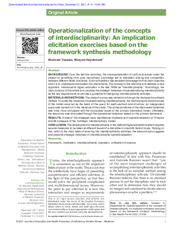 (PDF) Operationalization of the concepts of interdisciplinarity: An ...