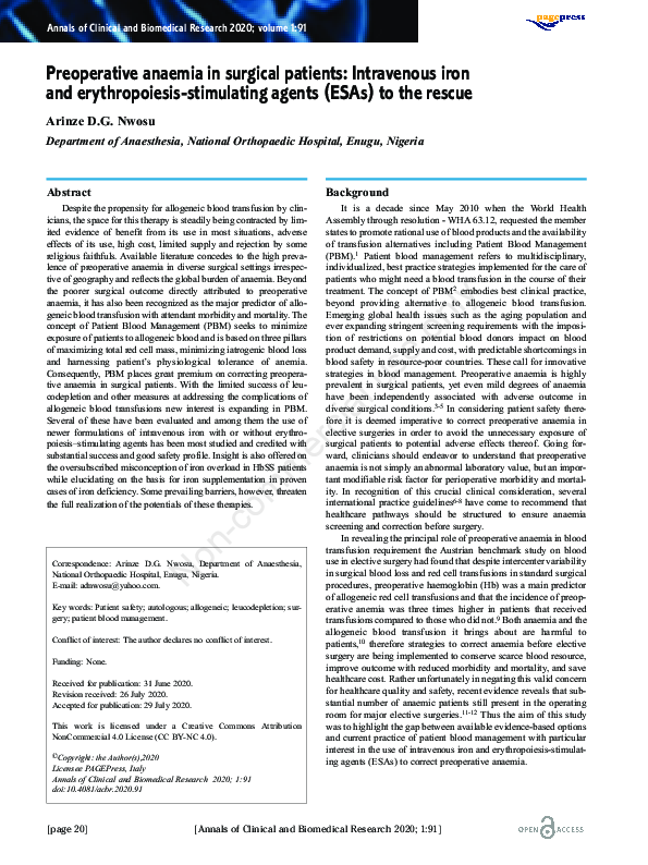 (PDF) Preoperative anaemia in surgical patients: Intravenous iron and ...
