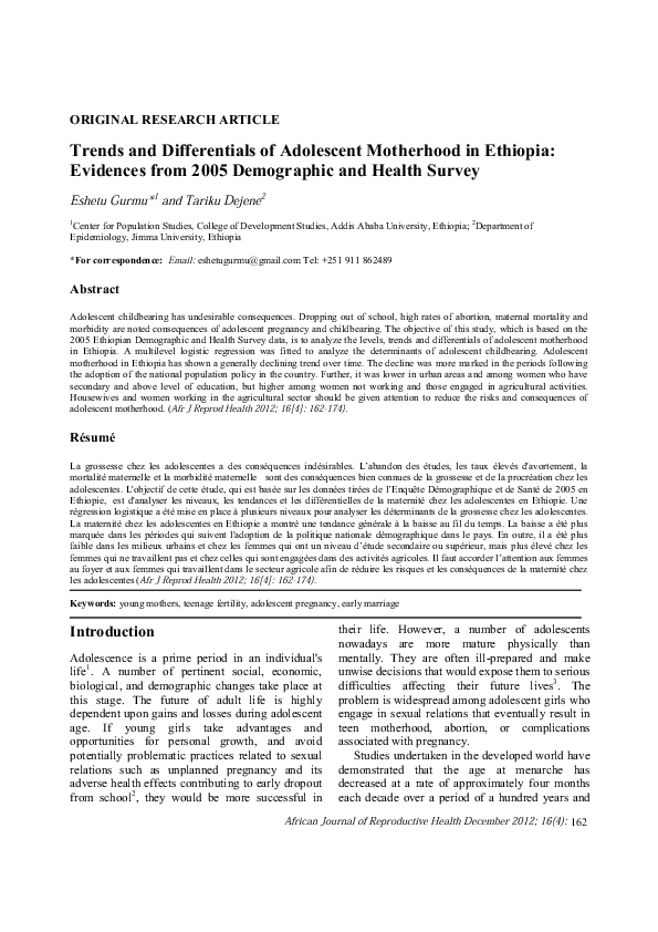 (PDF) Trends and differentials of adolescent motherhood in Ethiopia ...