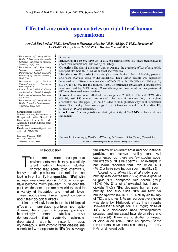 (PDF) Effect of zinc oxide nanoparticles on viability of human spermatozoa