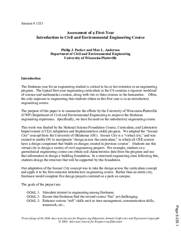 (PDF) Assessment Of A First Year Introduction To A Civil And ...