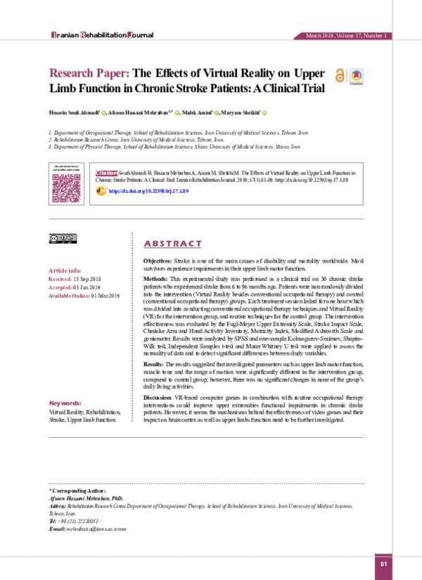 (PDF) The Effects of Virtual Reality on Upper Limb Function in Chronic ...