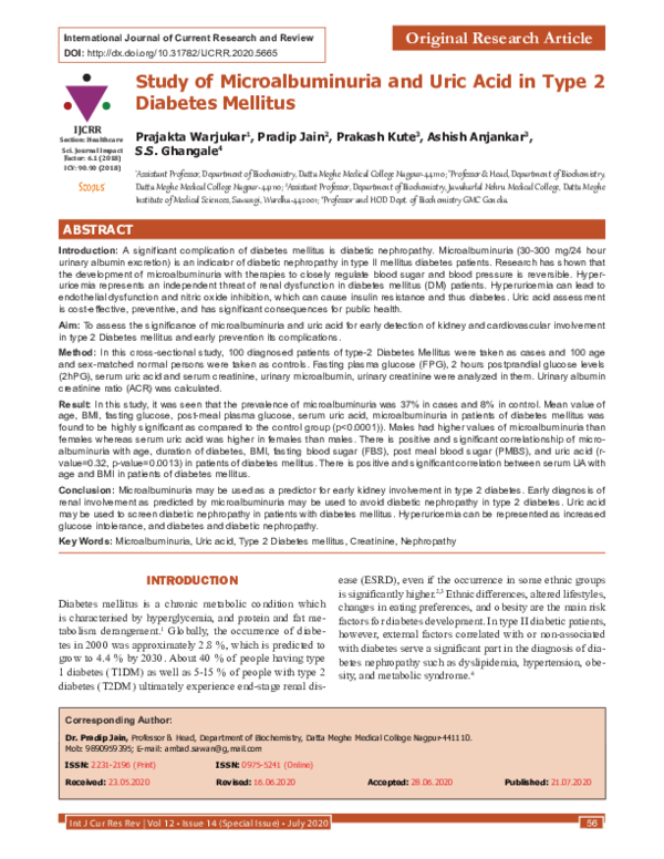 (PDF) Study of Microalbuminuria and Uric Acid in Type 2 Diabetes Mellitus