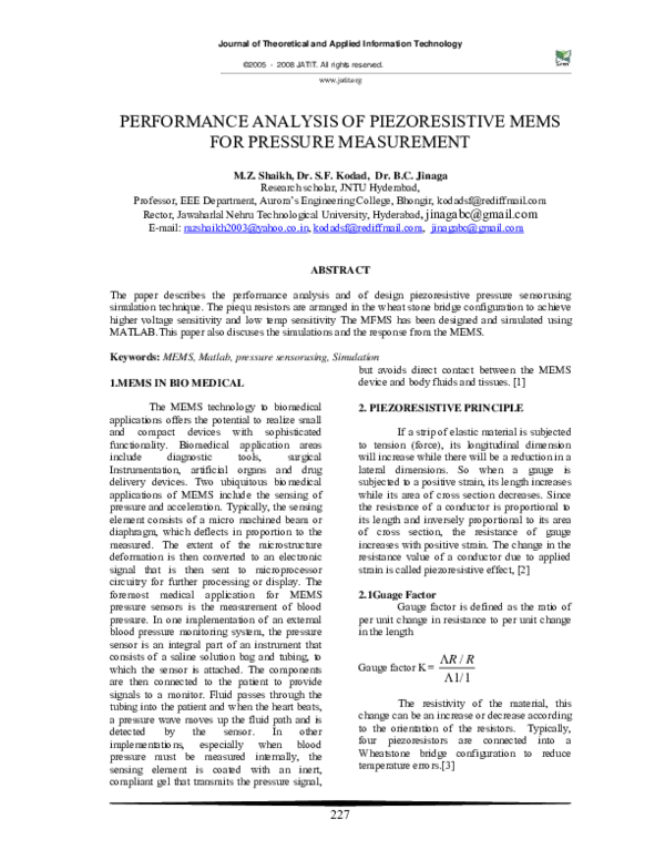 (PDF) Performance Analysis of Piezoresistive Mems for Pressure Measurement