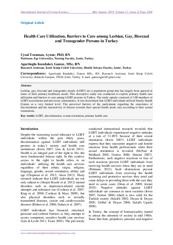 (PDF) Health Care Utilization, Barriers to Care among Lesbian, Gay ...