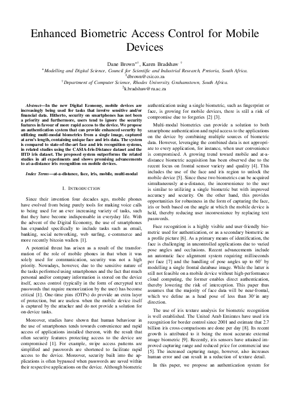 (PDF) Enhanced biometric access control for mobile devices